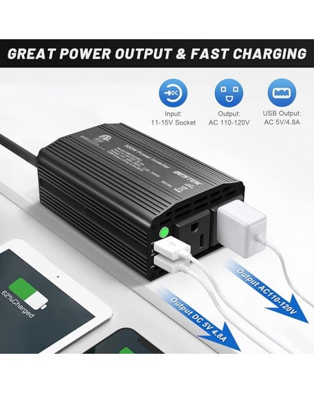 BESTEK 300W Power Inverter DC 12V to 110V AC with 4.2A Dual USB Ports and 2 AC Outlets Adapter (Black)